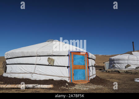 Traditional Mongolian Yurta in Orkhon province mountains landscape Stock Photo