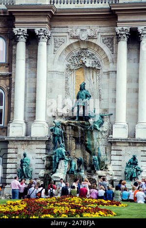 The Matthias Fountain designed by Alajos Strobl standing in Castle Hill (Varhegy) in the Buda district of Budapest. Stock Photo