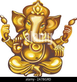 seated golden  Ganesha green eyes hindu lord faith mythology bless god illustration Stock Photo