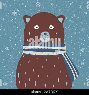 Cute Bear in  scarf on a cold winter day. Vector Illustration Stock Vector