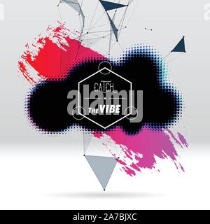 Background with brush stroke, blot, triangular grid and label Stock Vector