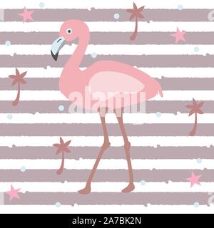 Cute Pink Flamingo with Palms and Stars on white Background with Stripes. Summer Collection. Vector Illustration. Stock Vector