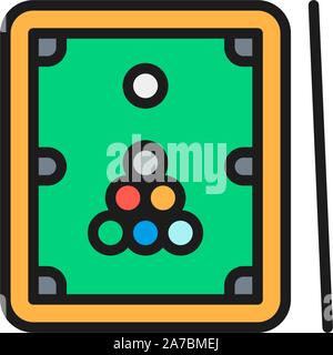 Billiards, table with cue and balls flat color line icon. Stock Vector