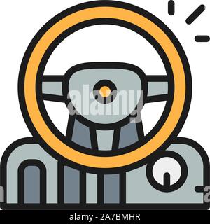 Game steering wheel with pedals and gearbox flat color line icon. Stock Vector
