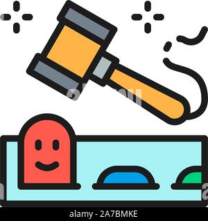 Whack mole game with hammer flat color line icon. Stock Vector