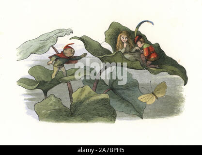 An elf courting a fairy on a leaf is interrupted by another elf. Handcoloured woodblock print by Edmund Evans after an illustration by Richard Doyle from In Fairyland, a series of Pictures from the Elf World, Longman, London, 1870. Stock Photo