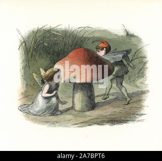 Fairy hiding from an elf behind a toadstool. Handcoloured woodblock print by Edmund Evans after an illustration by Richard Doyle from In Fairyland, a series of Pictures from the Elf World, Longman, London, 1870. Stock Photo