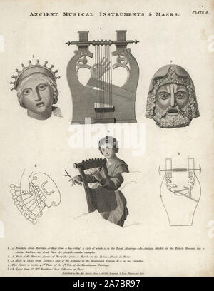 Ancient musical instruments and masks. A Greek barbiton or harp (1), a mask of Hercules furens of Euripides (2), a mask of Thais from Terence's play of the Eunochs (3), lyre player from volume 4, plate 42 of the Herculaneum paintings (4) and lyres from Sir William Hamilton's collection (5,6). Copperplate engraving from Abraham Rees' Cyclopedia or Universal Dictionary of Arts, Sciences and Literature, Longman, Hurst, Rees, Orme and Brown, London, 1820. Stock Photo