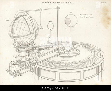 Orrery built by British astronomer William Pearson. Copperplate engraving by Wilson Lowry after a drawing by J. Farey Jr. from Abraham Rees' Cyclopedia or Universal Dictionary of Arts, Sciences and Literature, Longman, Hurst, Rees, Orme and Brown, London, 1820. Stock Photo