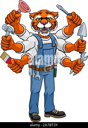 Tiger Multitasking Handyman Holding Tools Stock Vector