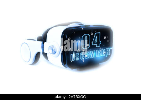 december 4th. Day 4 of month, calendar date month and day glows on virtual reality helmet or VR glasses. Virtual technologies, future, 3D reality, vir Stock Photo