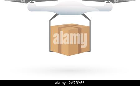 Package Delivery Drone. Concept illustration of a drone carrying a package. Illustration vector icon Stock Vector