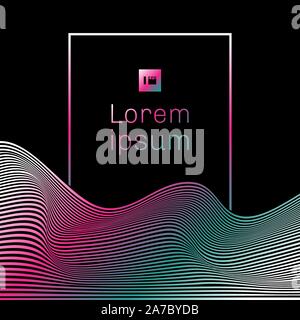 Abstract template line wave pattern vibrant green and pink color with rectangle frame on black background. Vector illustration Stock Vector