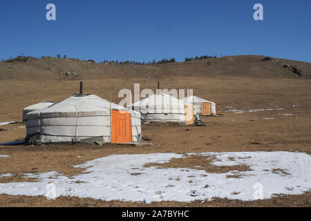 Traditional Mongolian Yurta in Orkhon province mountains landscape Stock Photo