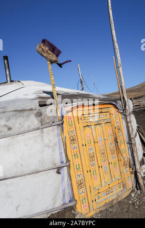 Traditional Mongolian Yurta in Orkhon region mountains landscape Stock Photo