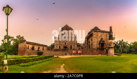 Panoramic View of Bara Gumbad a medieval monument located in Lodhi Gardens in Delhi, India. It is part of a group of monuments that include a Friday m Stock Photo