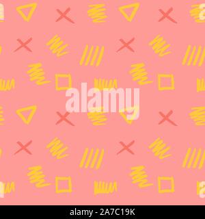 Handdrawn brush stroke seamless pattern. Memphis style pattern. Abstract background. Yellow and coral color. Stock Vector