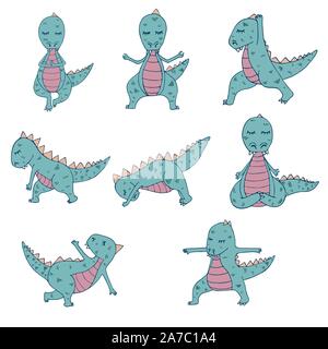 Dinosaur in yoga asanas, hand drawn vector illustration Stock Vector