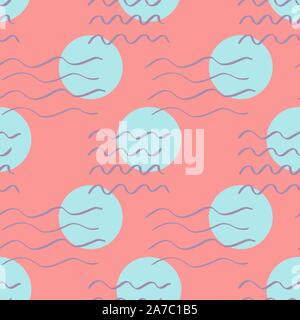 Handdrawn brush wave stroke and circle seamless pattern. Memphis style pattern. Abstract background. Stock Vector