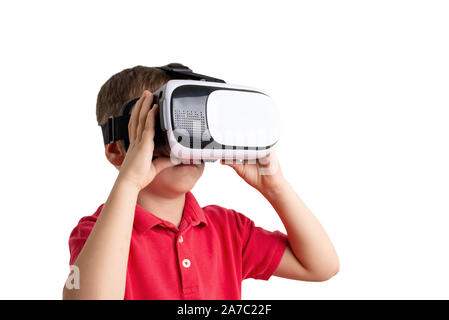 Isolated boy with virtual reality headset. Stock Photo