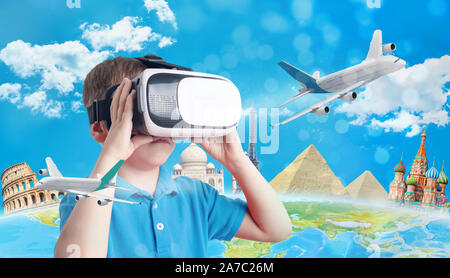 Learning concept with virtual reality headset. Boy use set to learns geography and countries. Stock Photo
