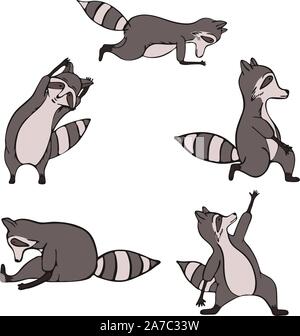 Hand drawn raccoon do yoga. Asana set. Cute wildlife animal character do fitness. Isolated vector design. Stock Vector