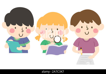 Illustration of Kids Showing Scientific Method Research, Kid Boy with Clipboard, Magnifying Glass with Book and Writing Notes Stock Photo