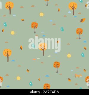 Cute Cold Autumn Pattern with  yellow trees and sun. Vector Illustration. Stock Vector