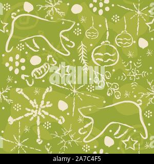 Cute Pattern with winter doodles on green background with shades.Great for prints for t-shirts, kitchen utensils(like plates, cups), pillows, blankets Stock Vector