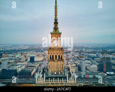 WARSAW, POLAND - OCTOBER 19, 2019: Beautiful panoramic aerial close-up drone view to the Millennium clock (clock face diameter = 6.5 m) on the tower o Stock Photo