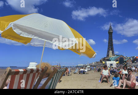 Blackpool Tower viewed from the beach, Lancashire, England, UK Stock Photo