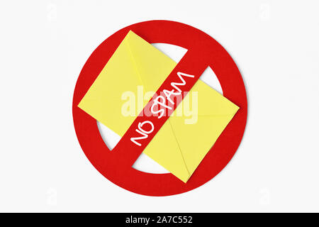 Envelope with no spam sign - Concept of email spamming Stock Photo