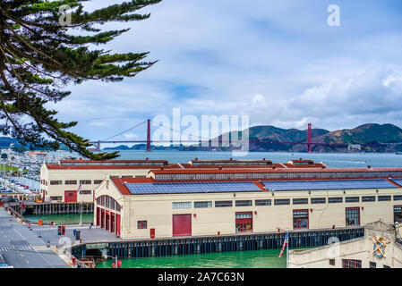 San Francisco, USA - May 14, 2018: Top view on Cowell Theater in Fort Mason and Golden Gate Bridge behind Stock Photo