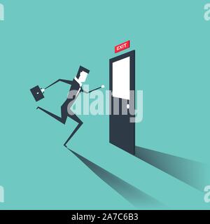 Businessman run to exit door. Businessman is running from work. Evacuation sing. Stock Vector