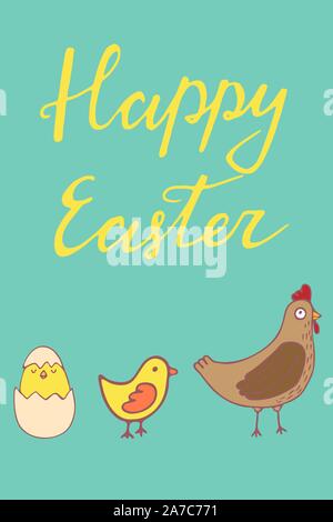 Handdrawn Easter greeting card with banny/rabit /chikend and hen/carrot/dragon. Hand lettering greeting phrase Happy Easter. Cute poster with greeting Stock Vector