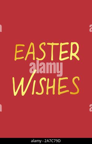 Hand lettering greeting card with phrase Happy Easter in gold color on red background, vector lettering. Stock Vector