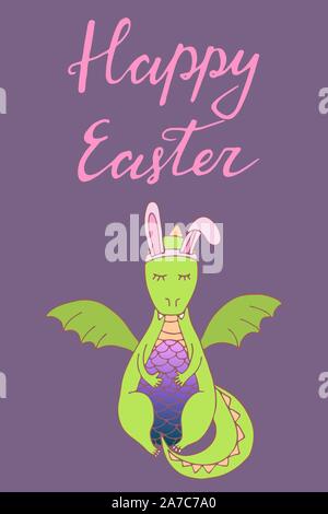 Handdrawn Easter greeting card with banny/rabit /chikend and hen/carrot/dragon. Hand lettering greeting phrase Happy Easter. Cute poster with greeting Stock Vector