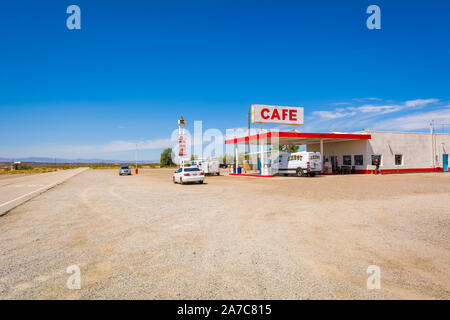 CALIFORNIA, USA - April 9, 2019: Gas station along historic Route 66 road in Californian desert. United States Stock Photo