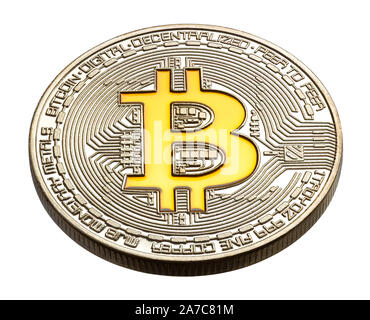Cryptocurrency physical colored bitcoin coins. Yellow bitcoin. Stock Photo