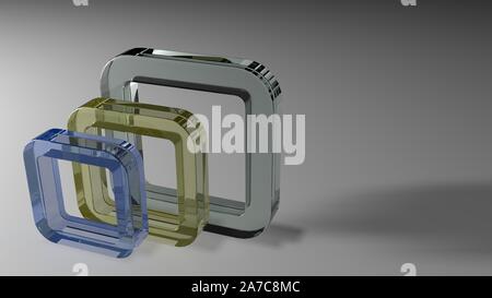 Abstract background with 3 squared rings made of colored glass standing on a white surface Stock Photo