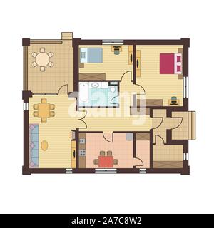 Architectural floor plan of a house. Drawing of the cottage with furniture arrangement. One-storey building. Vector illustration EPS10 Stock Vector