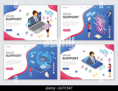 Isometric Online Customer Support Templates Stock Vector
