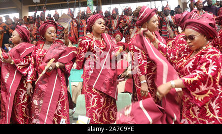 Nigerian women showcasing their traditional attire in paying homage to the traditional ruler of Ijebu Land during the Ojude Oba Festival in Nigeria. Stock Photo