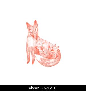 Vector Hand drawn red fox family with parent father or mother and three puppies kids, children book cute sketch illustration colored pencils abstract Stock Vector