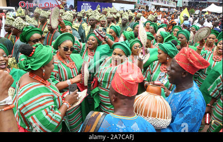 Nigerian women showcasing their traditional attire in paying homage to the traditional ruler of Ijebu Land during the Ojude Oba Festival in Nigeria. Stock Photo