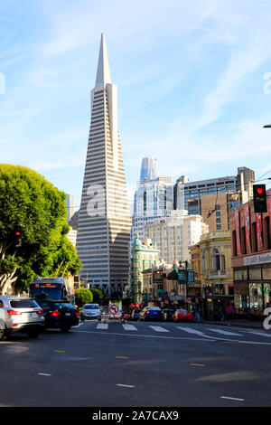 The Transamerica Pyramid skyscraper in the financial district of San Francisco, at 600 Montgomery Street.  California, United States of America. USA Stock Photo