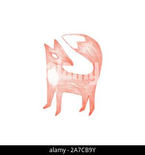 Vector hand drawn red fox, children book cute sketch illustration colored pencils abstract animal. Stock Vector