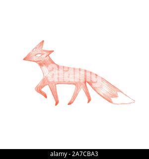 Vector hand drawn red fox, children book cute sketch illustration colored pencils abstract animal. Stock Vector