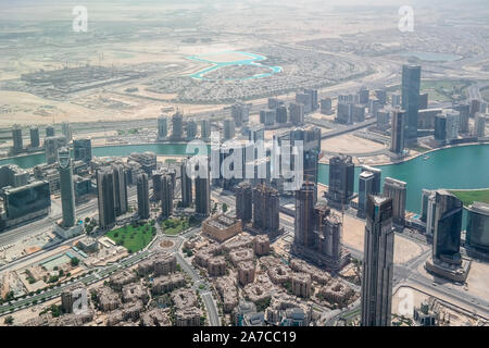 Aerial view of Downtown Dubai, Skyscrapers and landmarks, view of Dubai mall and the Dubai fountain. From Burj Khalifa, the highest tower in the world Stock Photo