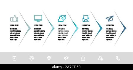 Vector infographic flat template. Arrow with text and icons for five diagrams, graph, flowchart, timeline, marketing, presentation. Business concept Stock Vector